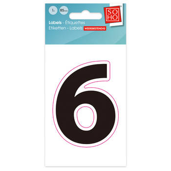 Plakcijfer - Nummer Sticker - 6 - Weerbestendig Ca. 85mm Hoog - Zwart