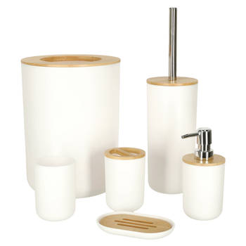 Luxe 6-delige bamboe badkamer set / toiletset wit - Badkameraccessoireset