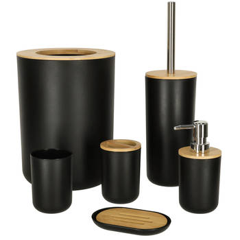 Luxe 6-delige bamboe badkamer set / toiletset zwart - Badkameraccessoireset