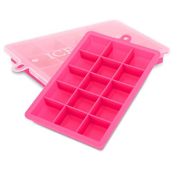 Intirilife 2 x ijsblokjesvorm in roze, set van 2 à 15 vakken, siliconen vormen met deksel, flexibele ijsblokjeshouder