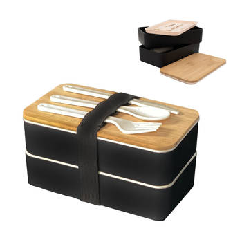 Intirilife lunchbox bento box met 3 compartimenten en bestek in het zwart - 18.5 x 10.5 x 9.3 cm - broodtrommel