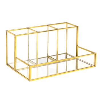 Intirilife make up organiser van glas voor cosmetica met gouden rand en spiegelbasis - 20,1 x 14,2 x 10,3 cm