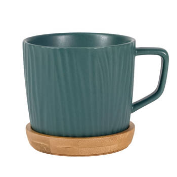 Intirilife koffiekop met noords geribbeld patroon in groen - 230 ml - theekop van keramiek met houten onderzetter