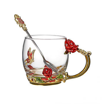 Intirilife vlinder theekopje bloemkopje koffiekopje in goud - rood - paars - 330 ml - gemaakt van hittebestendig glas