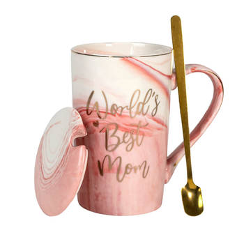 Intirilife koffiemok met deksel als moederdagcadeau - world's best mum - in roze - 8 x 13 cm - 280 ml inhoud - theekop