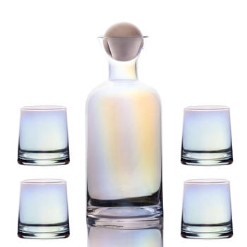 Intirilife karaf met 4 glazen set gemaakt van glas met regenboogglans - karaf 1.1 liter - glazen 200 ml