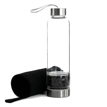 Intirilife waterfles met geneeskrachtige stenen en zwarte tas - zwarte obsidiaan - 400 ml - fles met edelstenen