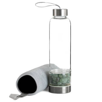 Intirilife waterfles met geneeskrachtige stenen en grijze tas - aventurijn - 400 ml - fles met edelstenen