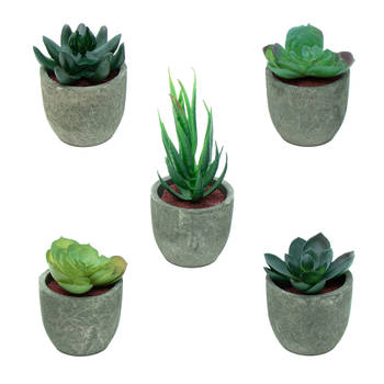 Intirilife kunstplant 5 stuks kleine kunstplanten in grijze pot - diameter 6,5 cm - hoogte 7 cm en 15 cm - potplanten