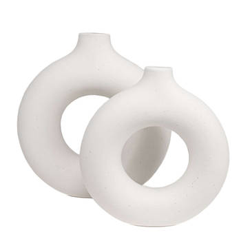 Intirilife 2-delige vaas set rond van keramiek in het wit - 22 x 6 x 23 / 18 x 5 x 19.5 cm - noordse decoratieve vazen