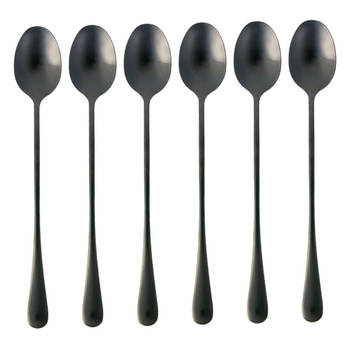 Intirilife set van 6 lepels van roestvrij staal in zwart - lengte 19 cm - ijslepel met lange steel, dessertlepel