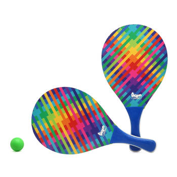 Beachball set Stripes - hout - blauw mix - strand tennis speelset - kinderen/volwassenen - Beachballsets