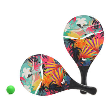Beachball set Hawaii vibes - hout - zwart mix - strand tennis speelset - kinderen/volwassenen - Beachballsets