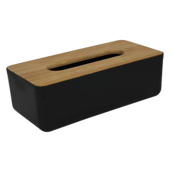 Tissuedoos/tissuebox - zwart/bruin - rechthoekig - kunststof/bamboe hout - 26 x 13 x 8 cm - Tissuehouders