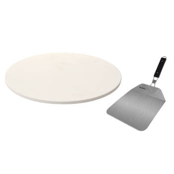 Pizzasteen rond keramiek 33 cm met handvaten incl. pizzasnijder en inklapbare RVS pizzaschep 25 cm - Pizzaplaten