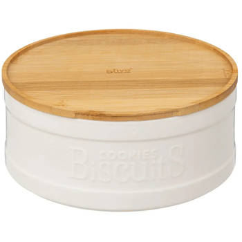 5Five koektrommel/voorraadblik Biscuits - keramiek - met bamboe deksel - wit/beige - 23 x 10 cm - Voorraadblikken