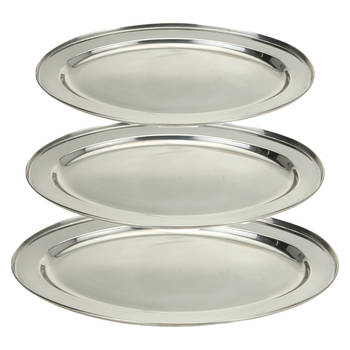 Excellent Houseware - food serving bowls/plates - set 3x - oval - silver - ss metal - 35/40/45 cm - Serveerschalen