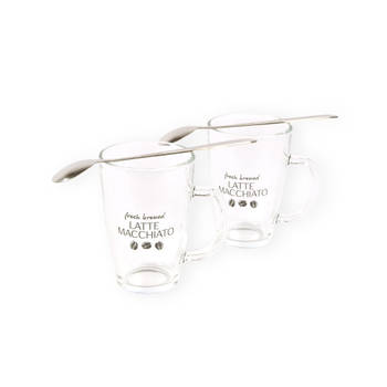 Beautiful Latte Macchiato Set with Glasses and Cups - Contents - 2 Spoons – 2 Glasses - Transparent Glass - 2x300ML -