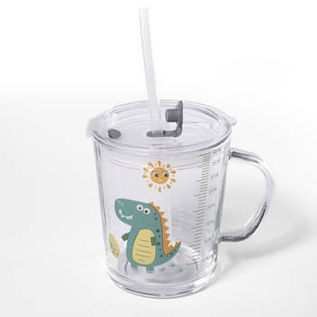 Intirilife doorschijnende kinderbeker met deksel, schaal en rietje met dinosaurus ontwerp - 400 ml - drinkglas handvat