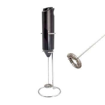 Intirilife elektrische melkopschuimer in zwart met houder - batterij-aangedreven handopschuimer, melkschuim maker