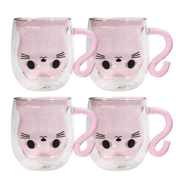 Intirilife 4x dubbelwandig thermo thee koffie glas met kattenmotief in roze - 200ml inhoud - geïsoleerde glazen mok