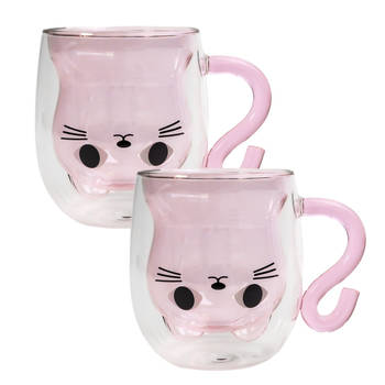 Intirilife 2x dubbelwandig thermo thee koffie glas met kattenmotief in roze - 200ml inhoud - geïsoleerde glazen mok