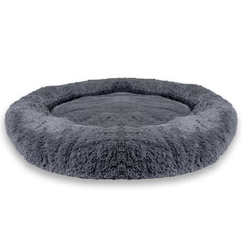 Intirilife fluffy pluche huisdierbed in donkergrijs 100 cm - zacht rond antislip hondenbed kattenmand kussen