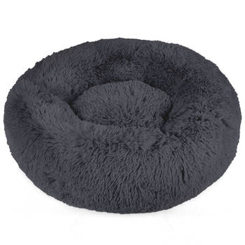 Intirilife fluffy pluche huisdierbed in donkergrijs 60 cm - zacht rond antislip hondenbed kattenbed kussen