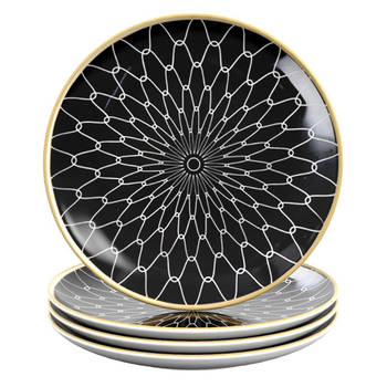 Intirilife 4x porseleinen borden patroon verbonden - zwart wit - diameter 15,3 cm - ontbijtborden dessertborden serveer