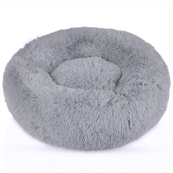 Intirilife fluffy pluche huisdierbed in lichtgrijs 80 cm - zacht rond antislip hondenbed kattenmand kussen