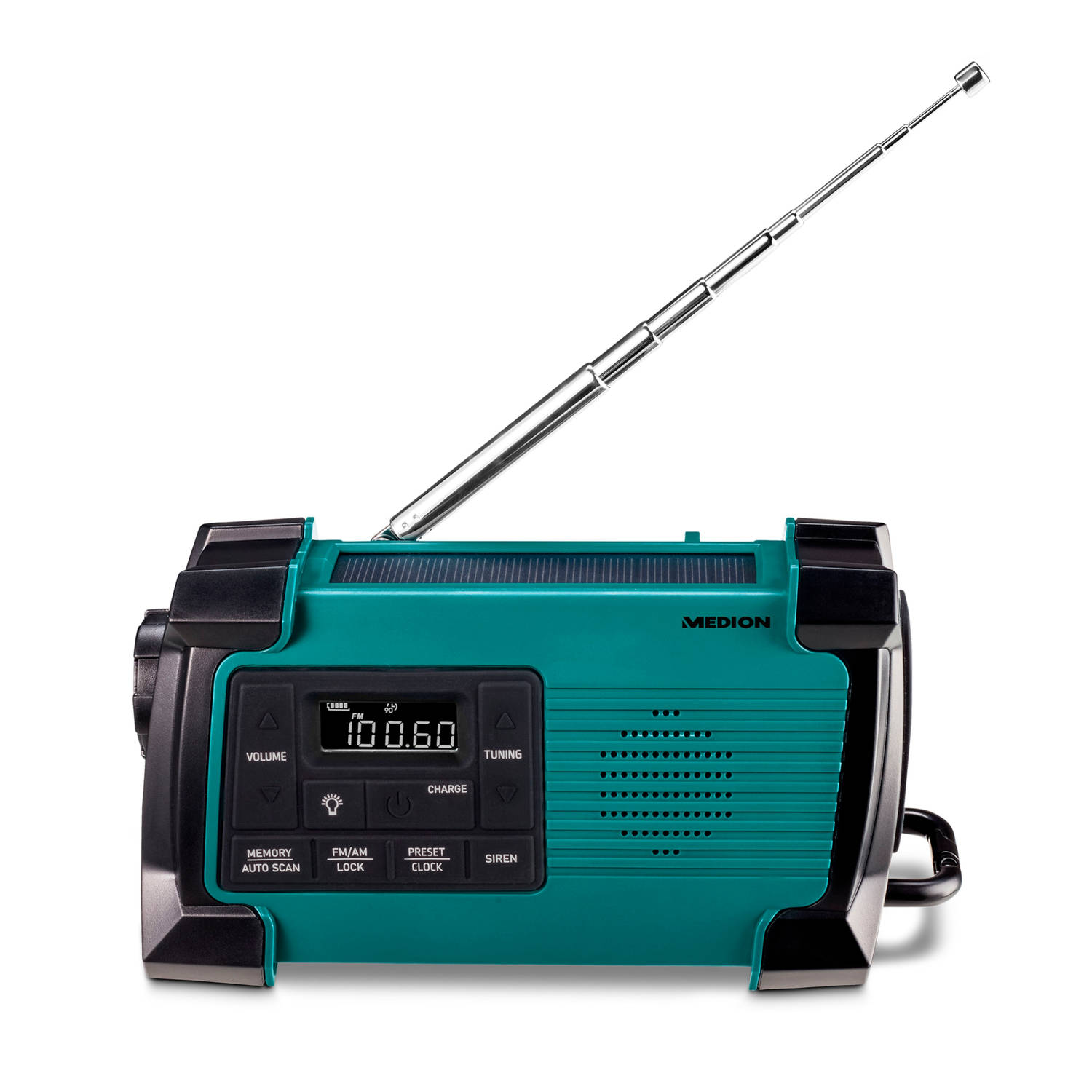 Medion E66805 Zwengelradio met oplaadfunctie voor mobiele telefoon - Zonne-energie - Dynamo Zwengel - Powerbank - PLL FM-radio - Zaklamp IPX4 spatwaterdicht - SOS-noodfunctie