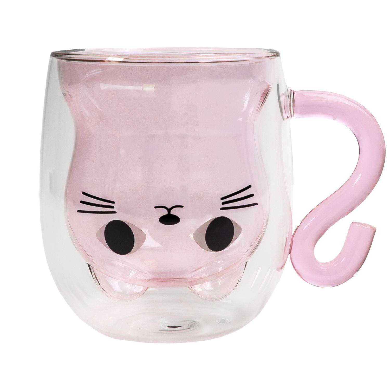 Intirilife thermo thee koffie glas dubbelwandig met kat design in roze - 200ml inhoud - geïsoleerde glazen mok