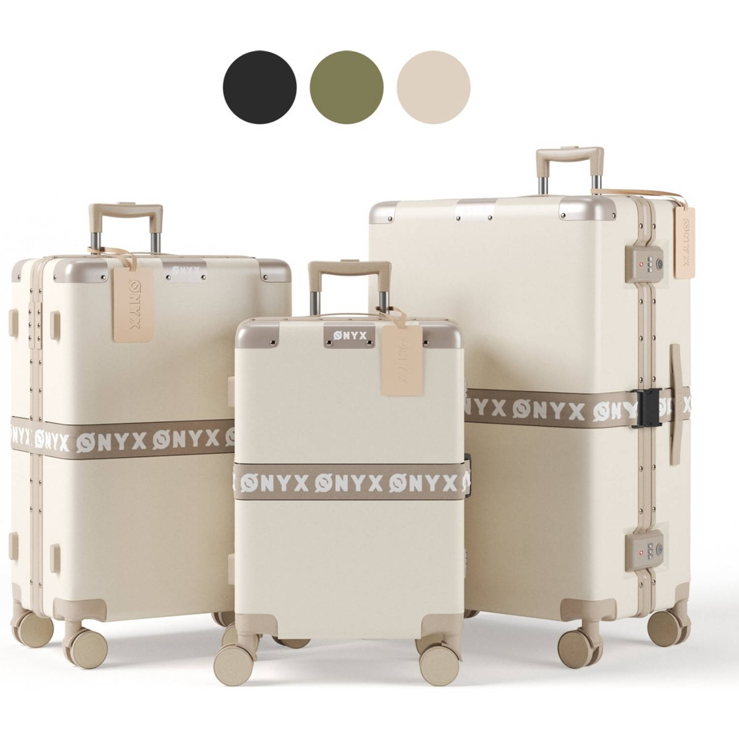 ONYX® Handbagage en Check-in koffer - Kofferset 33L/65L/100 L - TSA slot - Spinner wielen - Lichtgewicht Trolley - Aluminium sluiting - Sand wit