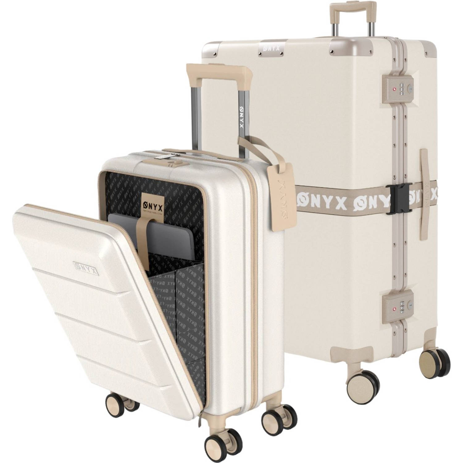 ONYX® Handbagage met voorvak en Check-in koffer - Kofferset 35L/100 L - TSA slot - Lichtgewicht Trolley - Aluminium sluiting - Sand