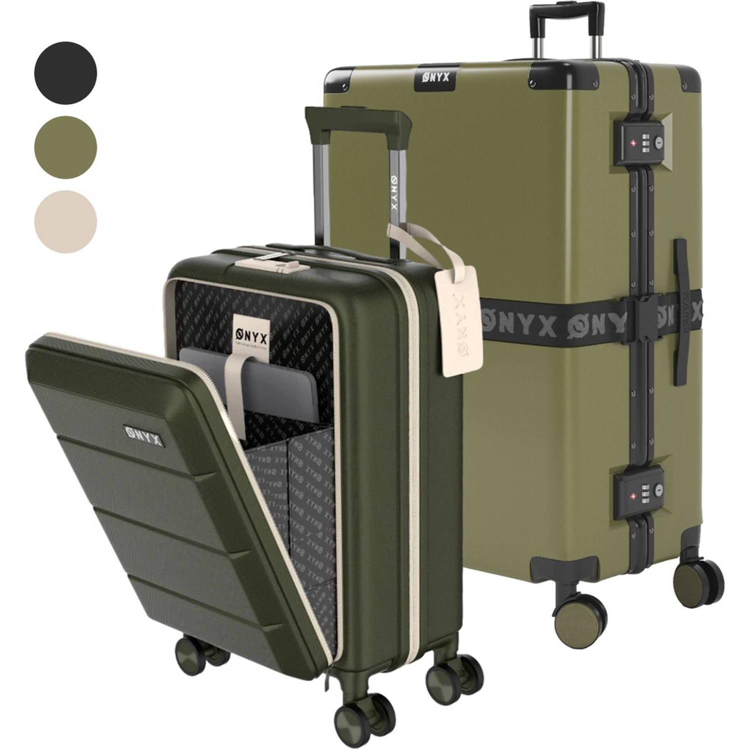 ONYX® Handbagage met voorvak en Check-in koffer - Kofferset 35L/100 L - TSA slot - Lichtgewicht Trolley - Aluminium sluiting - Groen