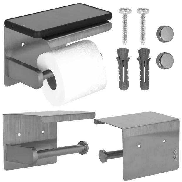 Springos WC Rolhouder Toiletrolhouder Met Plank Chroom Zwart/ Grijs