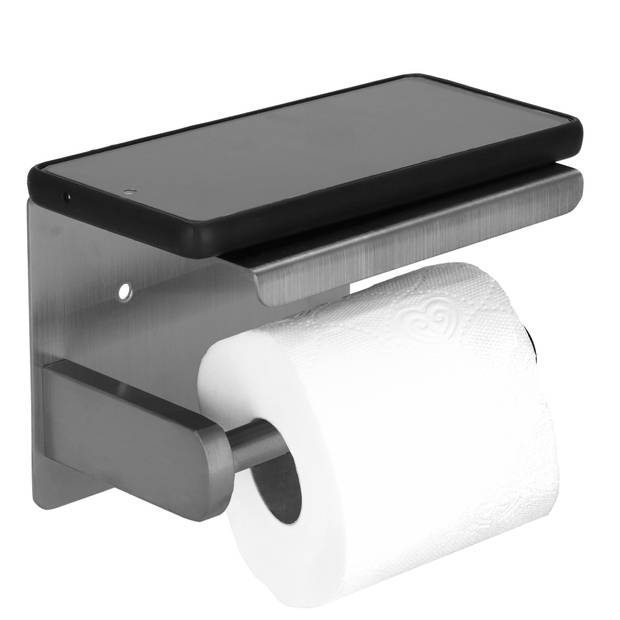 Springos WC Rolhouder Toiletrolhouder Met Plank Chroom Zwart/ Grijs