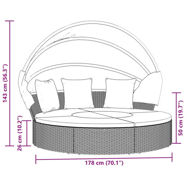 vidaXL Loungebed met luifel en kussens poly rattan zwart