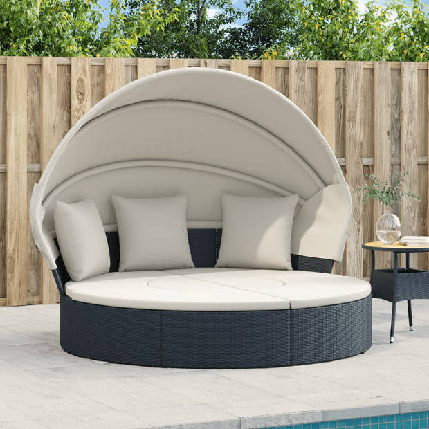 vidaXL Loungebed met luifel en kussens poly rattan zwart