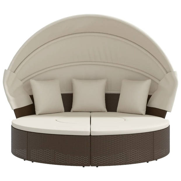 vidaXL Loungebed met luifel en kussens poly rattan bruin