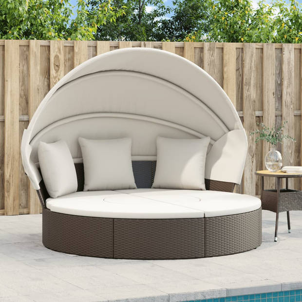 vidaXL Loungebed met luifel en kussens poly rattan bruin