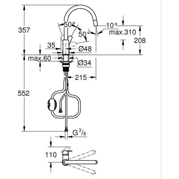 Keukenkraan - Eéngreepsspoelbakmengkraan - Chroom - Hoge C-vormige uitloop - Uittrekbare perlator - GROHE StartEdge - 30