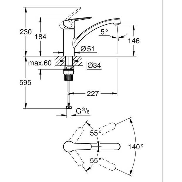 GROHE Start - 324412432 - Keukenkraan - Eéngreeps wastafelmengkraan - Mat zwart - Lage uitloop - 140° draaibaar