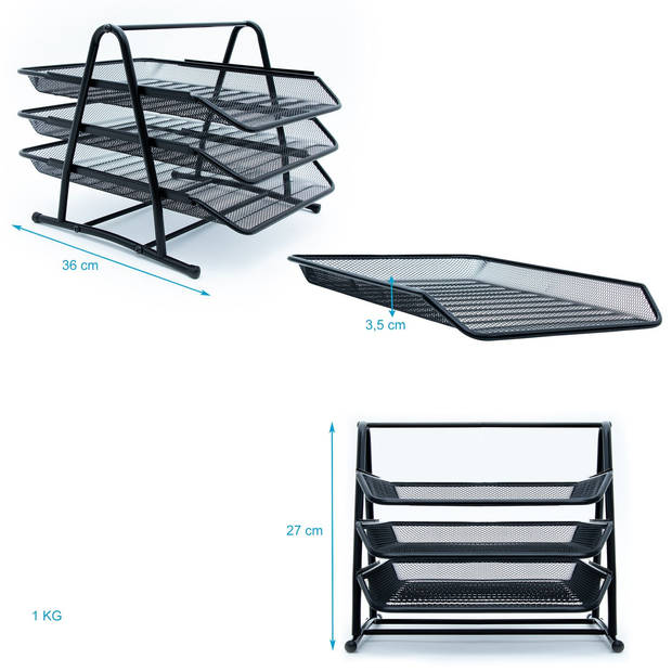 Intirilife documentenbak met 3 vakken ijzer 30,5 x 35 x 26 cm antislip brievenbak bureaulade voor maximaal a4-documenten