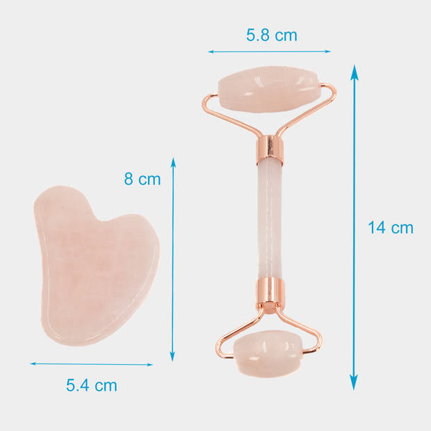 Intirilife set van 3 gua sha gezichtsmassagetools, gezichtsroller van natuurlijk rozenkwarts - gua sha 8 x 5.4 cm