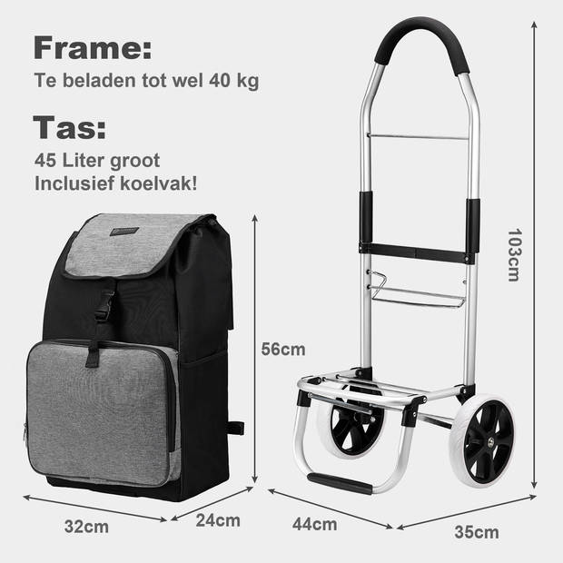 Packaway Boodschappentrolley met koelvak - 45L - boodschappenwagen - steekwagen functie - ZWART / GRIJS