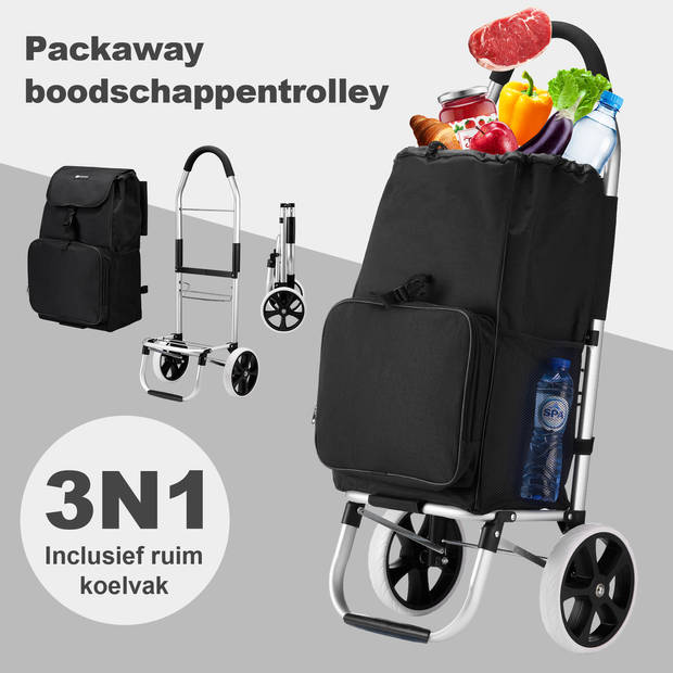 Packaway Boodschappentrolley met koelvak - 45L - boodschappenwagen - steekwagen functie - ZWART