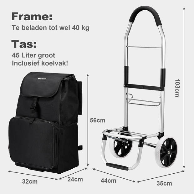 Packaway Boodschappentrolley met koelvak - 45L - boodschappenwagen - steekwagen functie - ZWART