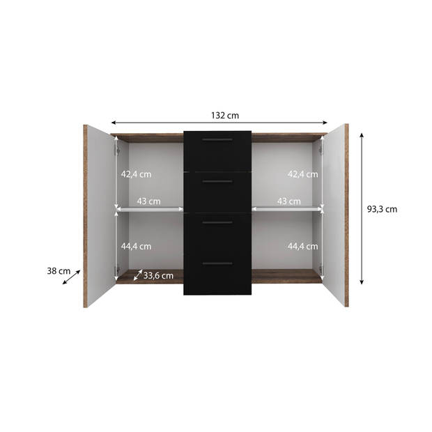 Meubella Dressoir Brown - Zwart - Eiken - 132 cm