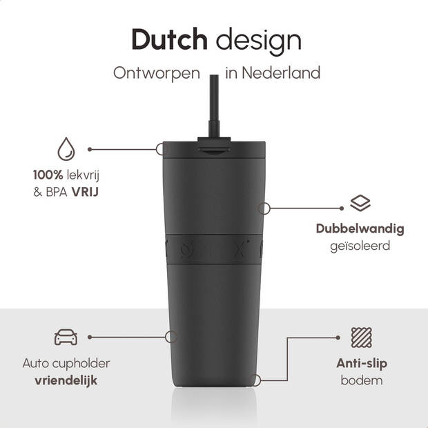 ONYX Drinkfles met Rietje 700ML - Waterfles voor Kinderen & Volwassenen - Thermosbeker Travel Mug - Zwart